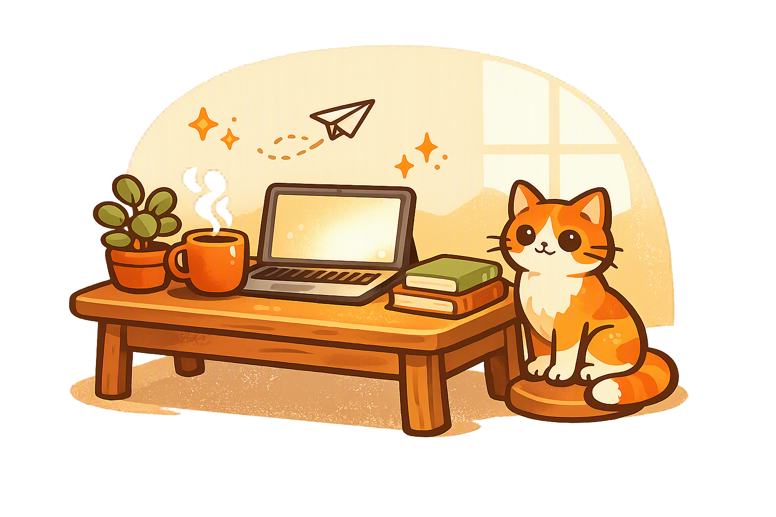 一张温暖的小书桌，猫在旁边